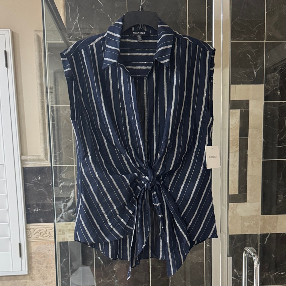 Ellen Tracy Navy and White Striped Tie-Front Sleeveless Blouse